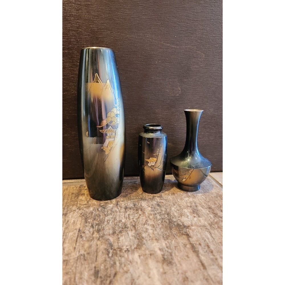 Japanese etched brass or mixed metal vases, featuring Chokin art Showing Mt Fuji